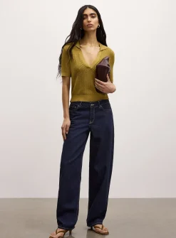 Pointelle knit Johnny-collar short-sleeve sweater