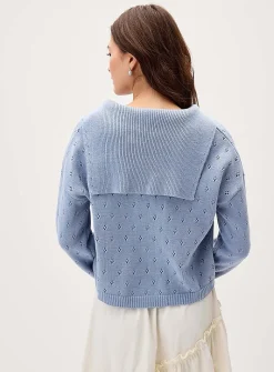 Pointelle knit sailor collar cardigan
