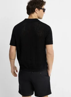 Pointelle-pattern knit Johnny collar polo