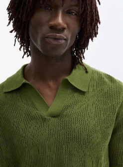 Pointelle-pattern knit Johnny collar polo