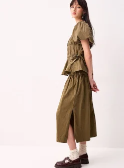 Polished poplin drawstring maxi skirt