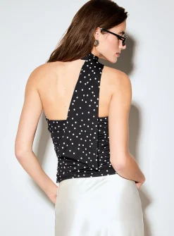 Polka-dot scarf-collar cropped tube top