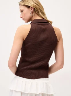 Polka-dotted mock-neck zip-up sweater vest