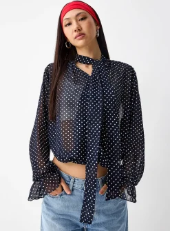 Polka-dotted scarf-neck chiffon blouse
