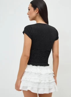 Polka-dotted smocked V-neck T-shirt