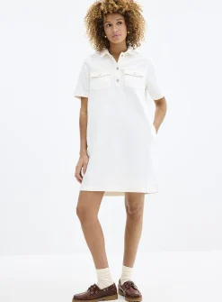 Polo collar white denim dress