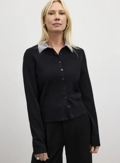Poplin shirt collar fine-knit cardigan
