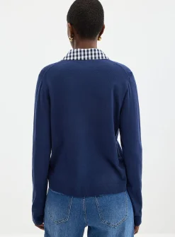Poplin shirt collar fine-knit cardigan