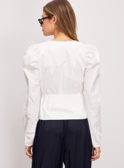 Poplin tie-waist plunging V-neck blouse