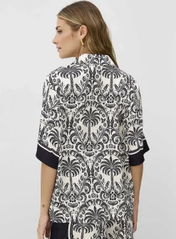 Printed double-face satin notch-collar loose blouse