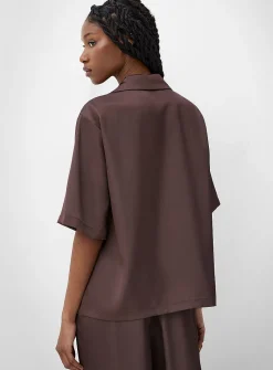 Printed double-face satin notch-collar loose blouse