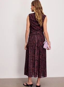 Printed draped-waist micromesh maxi dress