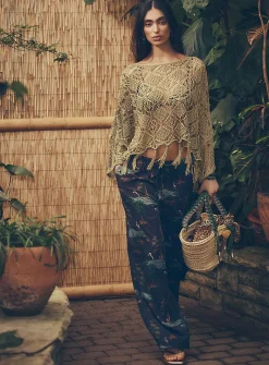 Printed drawstring-waist wide-leg pant
