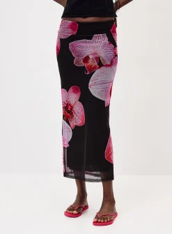 Printed mesh maxi skirt