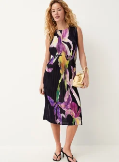 Printed pleated-texture sleeveless midi dress