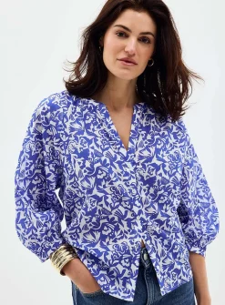 Printed puff-sleeve voile blouse