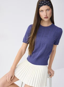 Puff sleeve pointelle knit sweater