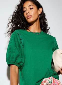 Puff-sleeve broderie anglaise T-shirt