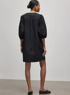 Puff-sleeve loose poplin dress