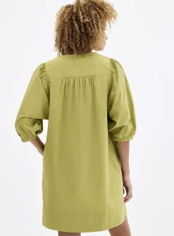 Puff-sleeve loose poplin dress