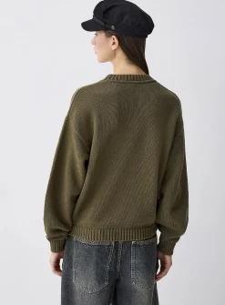 Puff-sleeve thick knit sweater