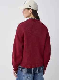 Puff-sleeve thick knit sweater