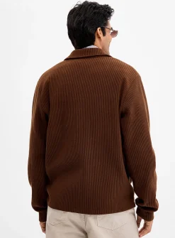 Rib-jersey polo-collar cardigan