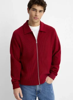 Rib-jersey polo-collar cardigan