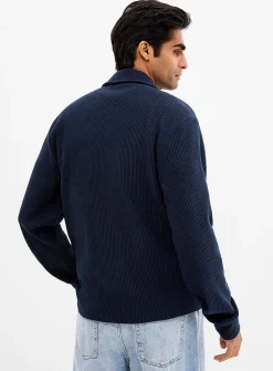 Rib-jersey polo-collar cardigan