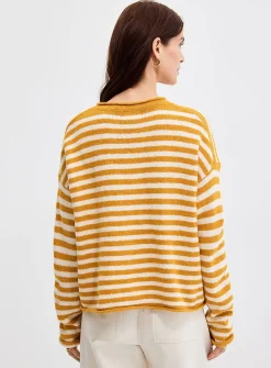 Rolled trim striped sweater