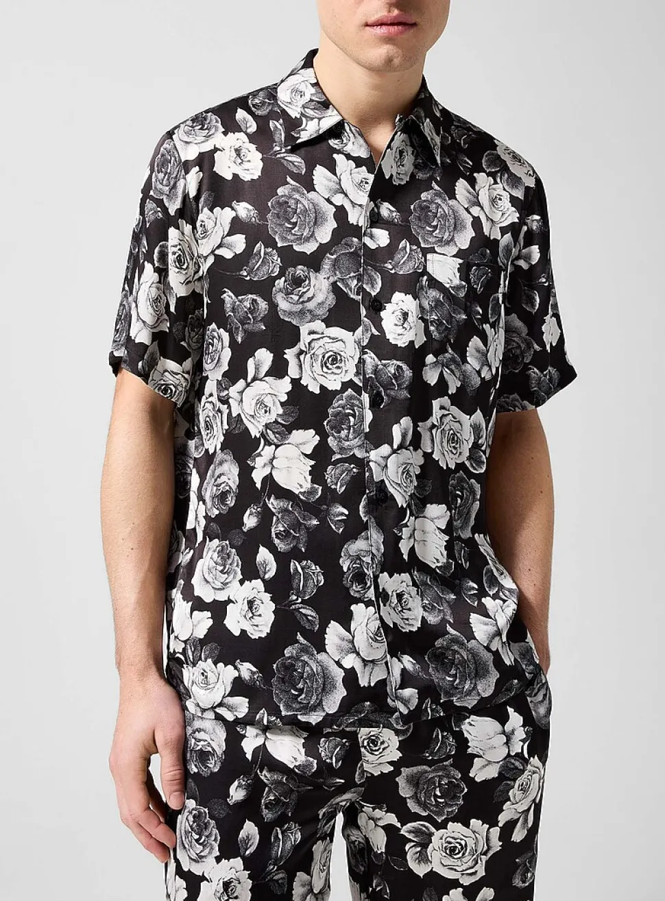 Rose print silky bowling shirt