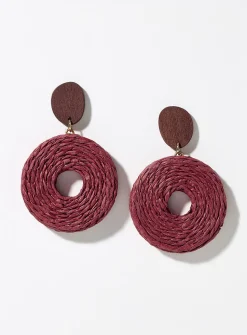 Round wood and raffia earrings