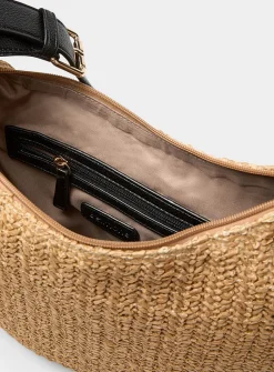 Rounded woven straw hobo bag