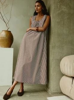 Ruched collar striped poplin dress