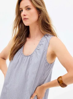 Ruched collar striped poplin dress