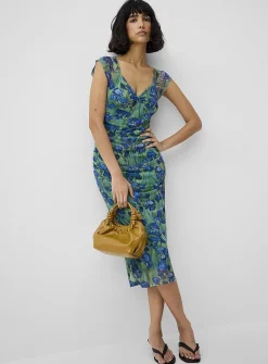 Ruched micromesh midi dress