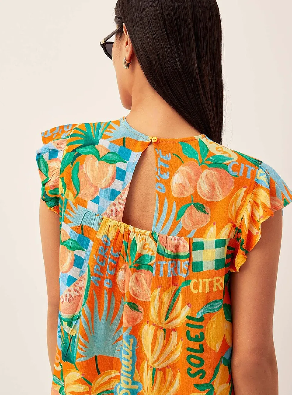 Ruffle sleeves crew-neck blouse