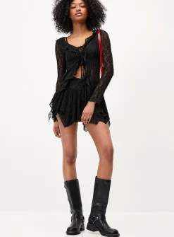 Ruffled lace tie-front cardigan