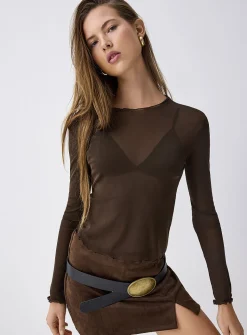 Ruffled trim mesh T-shirt
