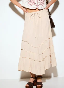 Sandy beige frill-band flared skirt
