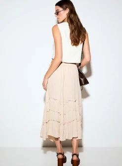 Sandy beige frill-band flared skirt