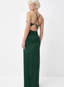 Satiny fitted draped-neck dress