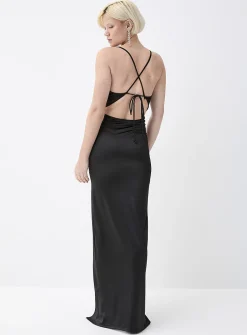 Satiny fitted draped-neck dress