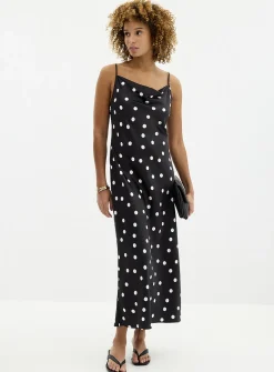 Satiny polka dot cowl-neck dress