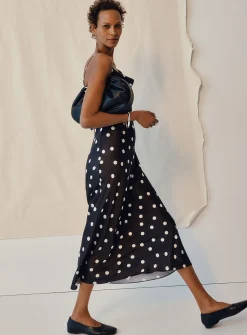 Satiny polka dot cowl-neck dress