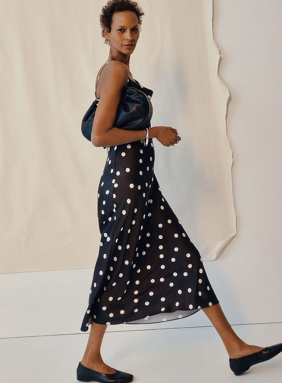 Satiny polka dot cowl-neck dress