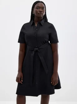 Satiny poplin belted shirtdress