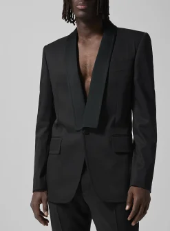 Satiny shawl collar tuxedo jacket