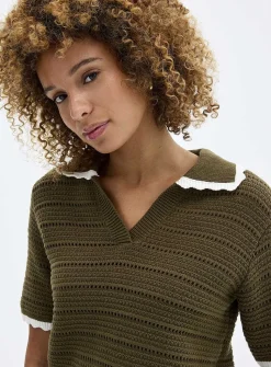 Scalloped Johnny collar openwork sweater
