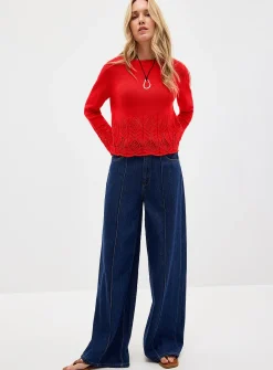 Scalloped openwork bell-sleeve sweater